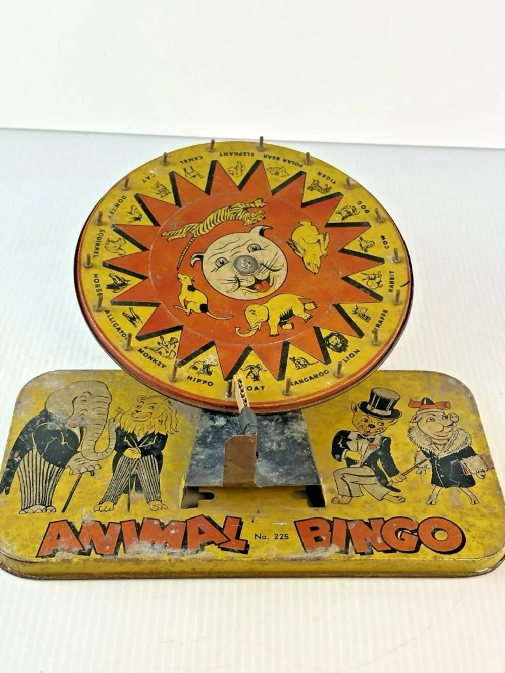 Antique Baldwin Manufacturing Animal Bingo Tin Litho Wheel Game #225 AS IS